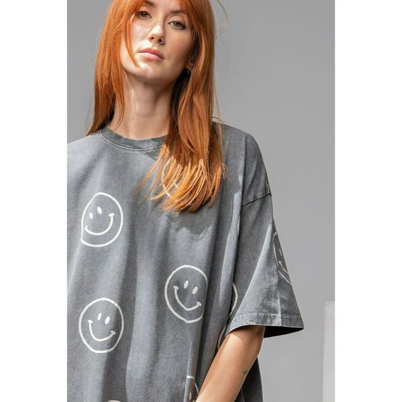 Easel Womens Smiley Happy Oversized Dress or Top in Black New S-L ED18210 - Picture 10 of 11